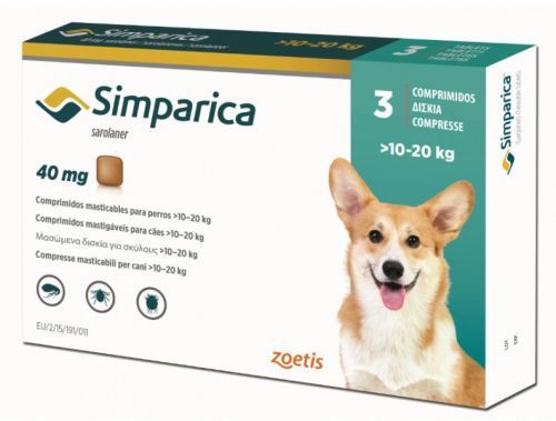 Симпарика 40 мг 1 шт, жевательные таблетки для собак 10-20 кг (Zoetis) в Таблетки от блох и клещей.