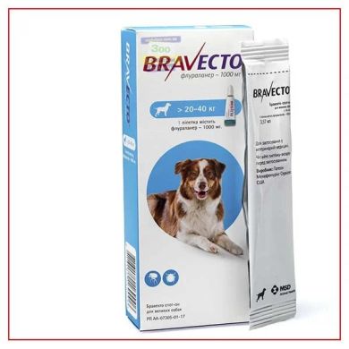 Краплі спот-он  Бравекто для собак 1піп.   1000мг (20-40кг) (MSD Animal Health (Intervet)) в Краплі на холку (spot-on).