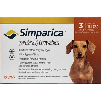 Симпарика 20 мг 3 шт, жевательные таблетки для собак 5-10 кг (Zoetis) в Таблетки от блох и клещей.
