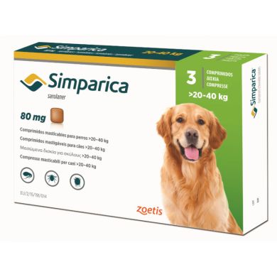 Симпарика 80 мг 3 шт, жевательные таблетки для собак 20-40 кг (Zoetis) в Таблетки от блох и клещей.