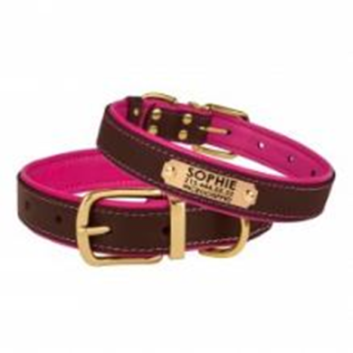 Нашийник Шкіряний BronzeDog Premium з Литою латунною фурнітурою та Адресником Коричнево - Рожевий, Розмір M Обхват шиї 35-41 см. Ширина 2 см. (Bronzedog) в амуніція для собак.