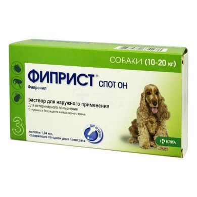 Фиприст спот-он инсектоакарицидные капли для собак 10-20 кг, 134 мг/1,34 мл, 3 пипетки (KRKA) в Капли на холку (spot-on).